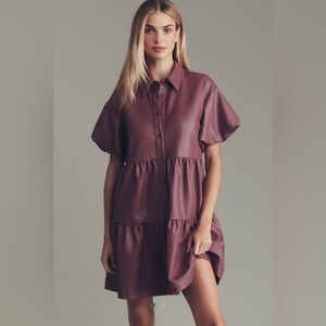 NWT Anthropologie Maeve Bettina Faux Leather Mini Shirt Dress Dusted Plum XXSP
